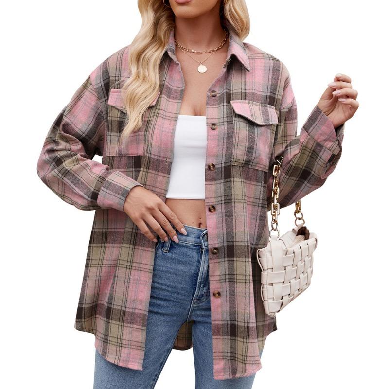 Women S Loose Casual Plaid Pocket Long Sleeve Shirt