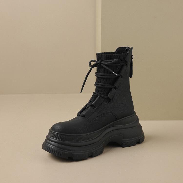 

2025 autumn and winter new fashion Martin boots women s platform small man height increase front lace-up muffin platform short boots 35