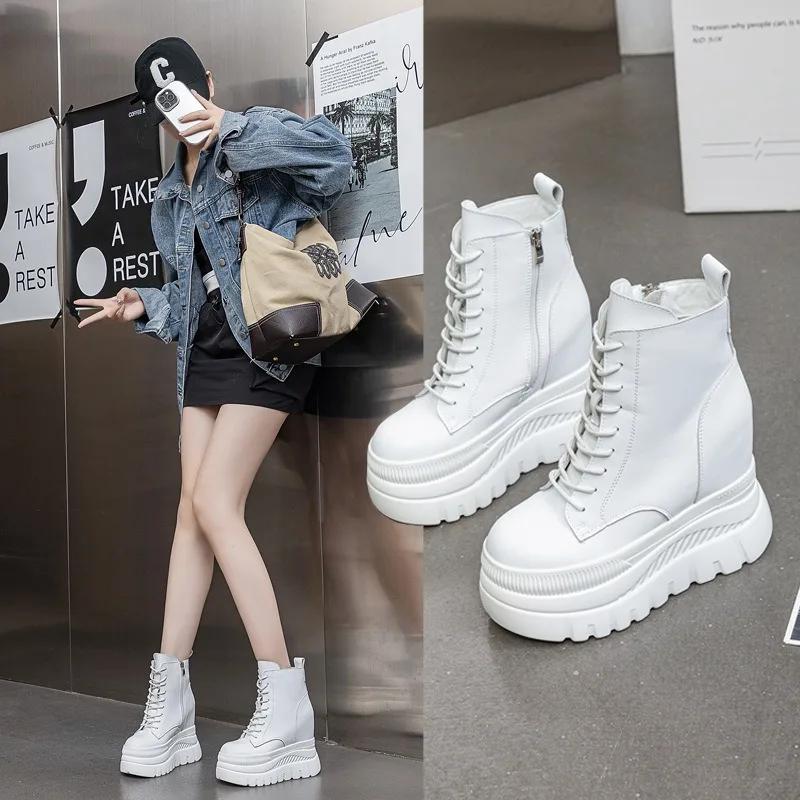 Fashion 12cm New Genuine Leather Women Breathable Platform Hidden Heels Shoes Genuine Leather Chimney Fashion Spring ZIP Ankle Booties