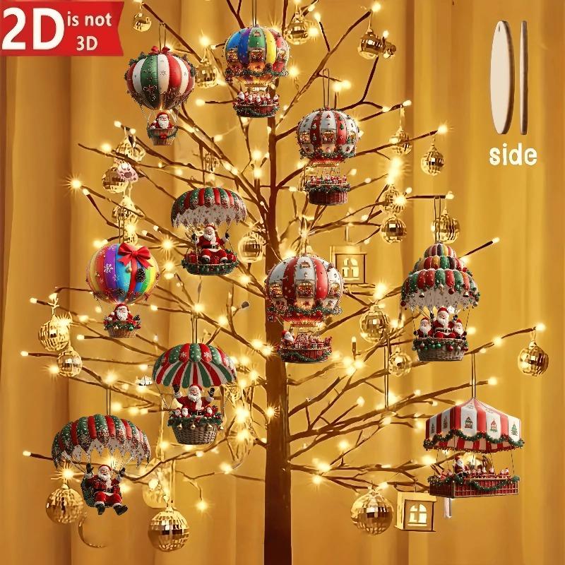 10 Stück Weihnachten Holz Heißluftballon Weihnachtsmann 2D Flacher Holzanhänger Weihnachtsbaumschmuck Perfektes Feiertagsgeschenk Dekor