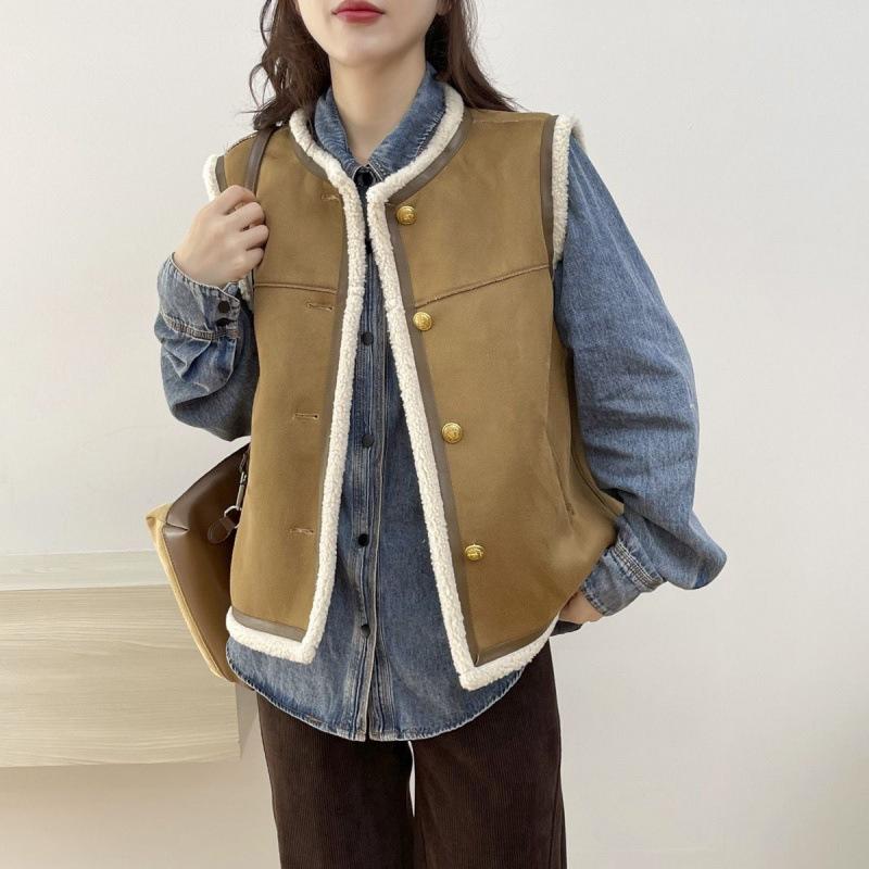 European Retro Round Neck Short Fur Integrated Autumn and Winter New Small Vest Jacket