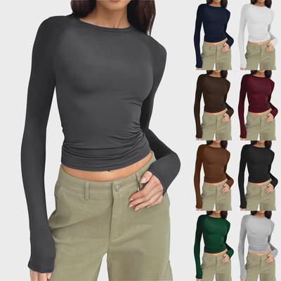 Women's Casual Round Neck Raglan Long Sleeve Solid Color Pullover Top for Spring and Autumn