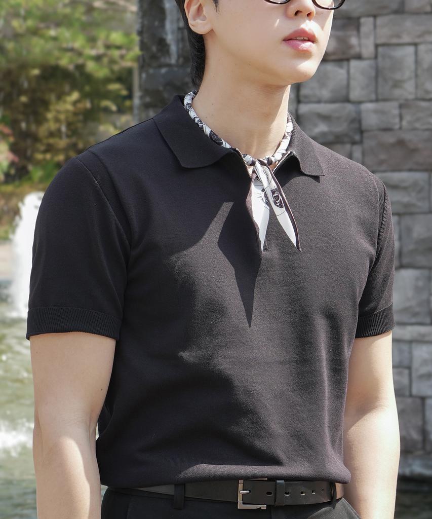 HERVINO Soft Half-Zip Muscle Fit Collared Short Sleeve Knit [Black]