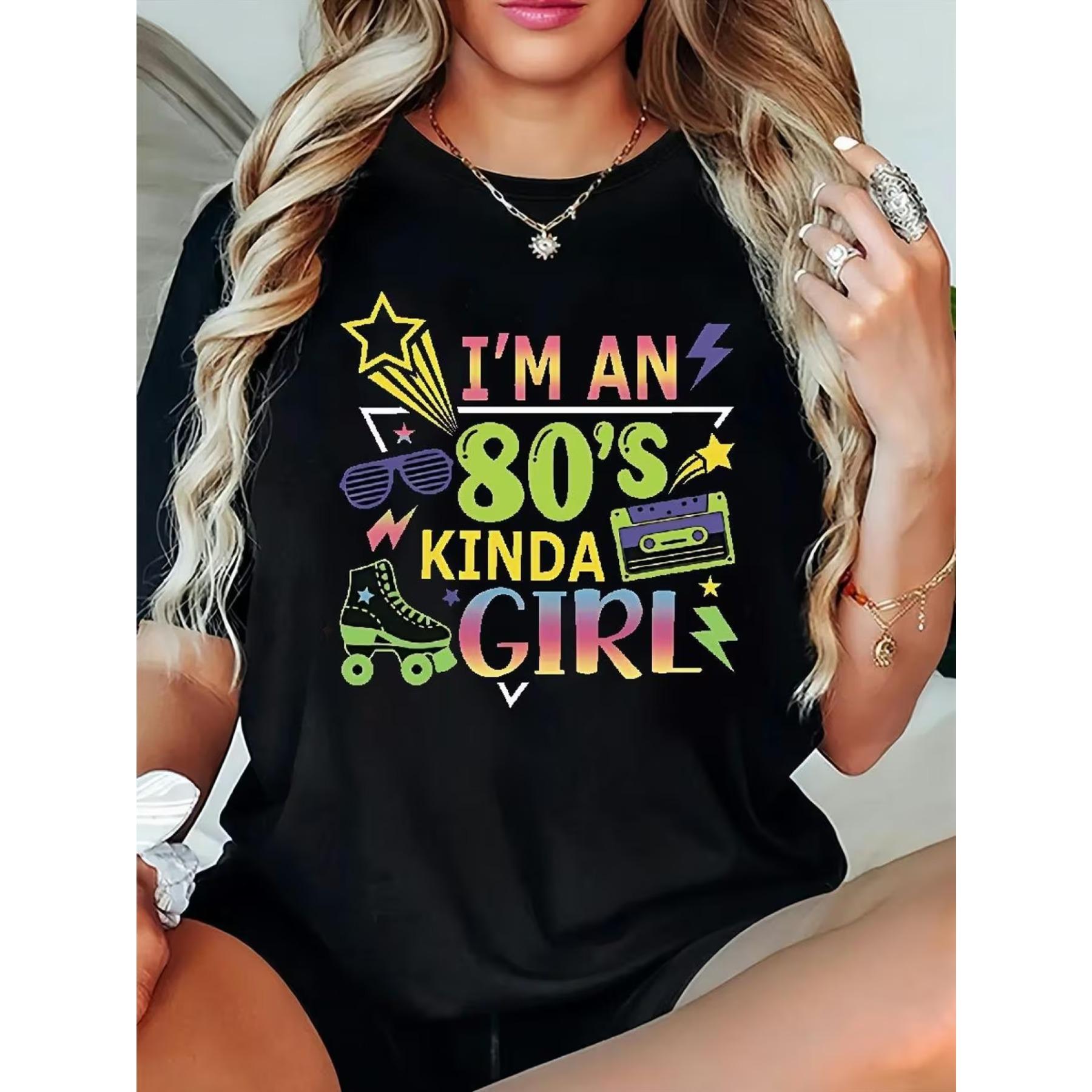 

Casual Crew Neck T-Shirt for Plus Size Women Featuring Retro 80S Graphics, Short Sleeves, and A Bit of Stretch. It Has An I M An 80S Kinda Print XXL