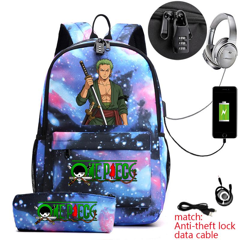 One Piece Zoro Print Anti Theft School Backpack Student Bookbag with Pen Case for Kids Teens