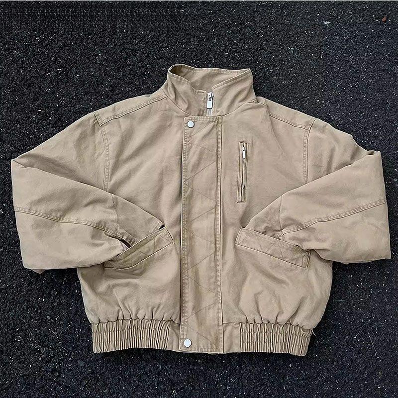 Unisex Khaki Wide Bomber Jacket: American-Style, Stand Collar, Distressed Workwear 
