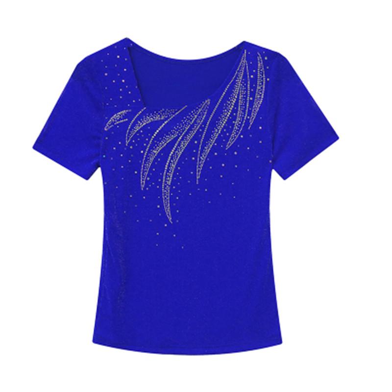 New Summer Women's T-shirt Sexy Skew Collar Shiny Diamonds Tees Fashion Female Short Sleeves Slim Mesh Tops Blouse