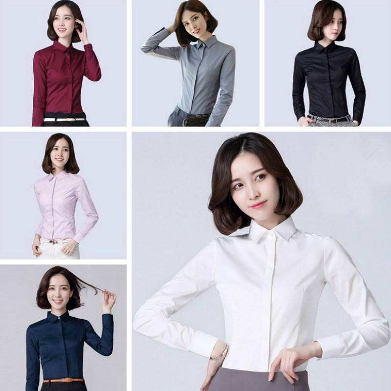 Women Formal Shirt Cotton Plain OL Blouse Button Long Sleeve Suit Office Business Work Regular Fit