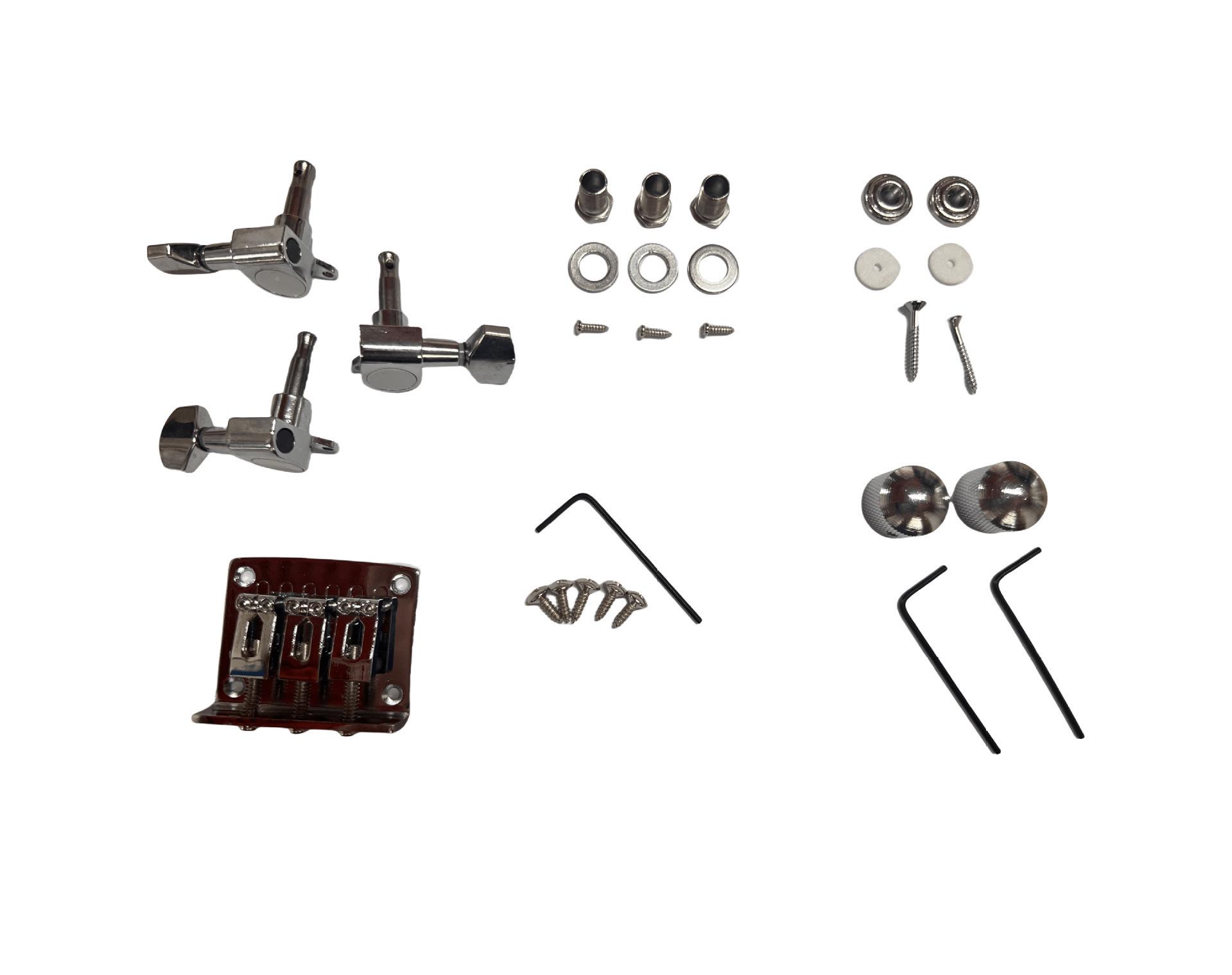 

Chrome Three-String Guitar Bridge with 1R2L Tuning Pegs & Strap Buttons