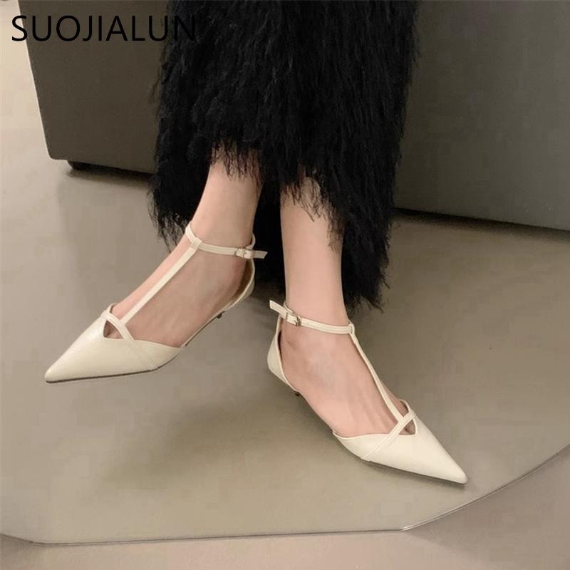 Fashion SUOJIALUN Spring New Women Sandal Fashion Pointed Toe Shallow Ladies Elegant Slingback Shoes Thin Low Heel Outdoor Dress Pumps