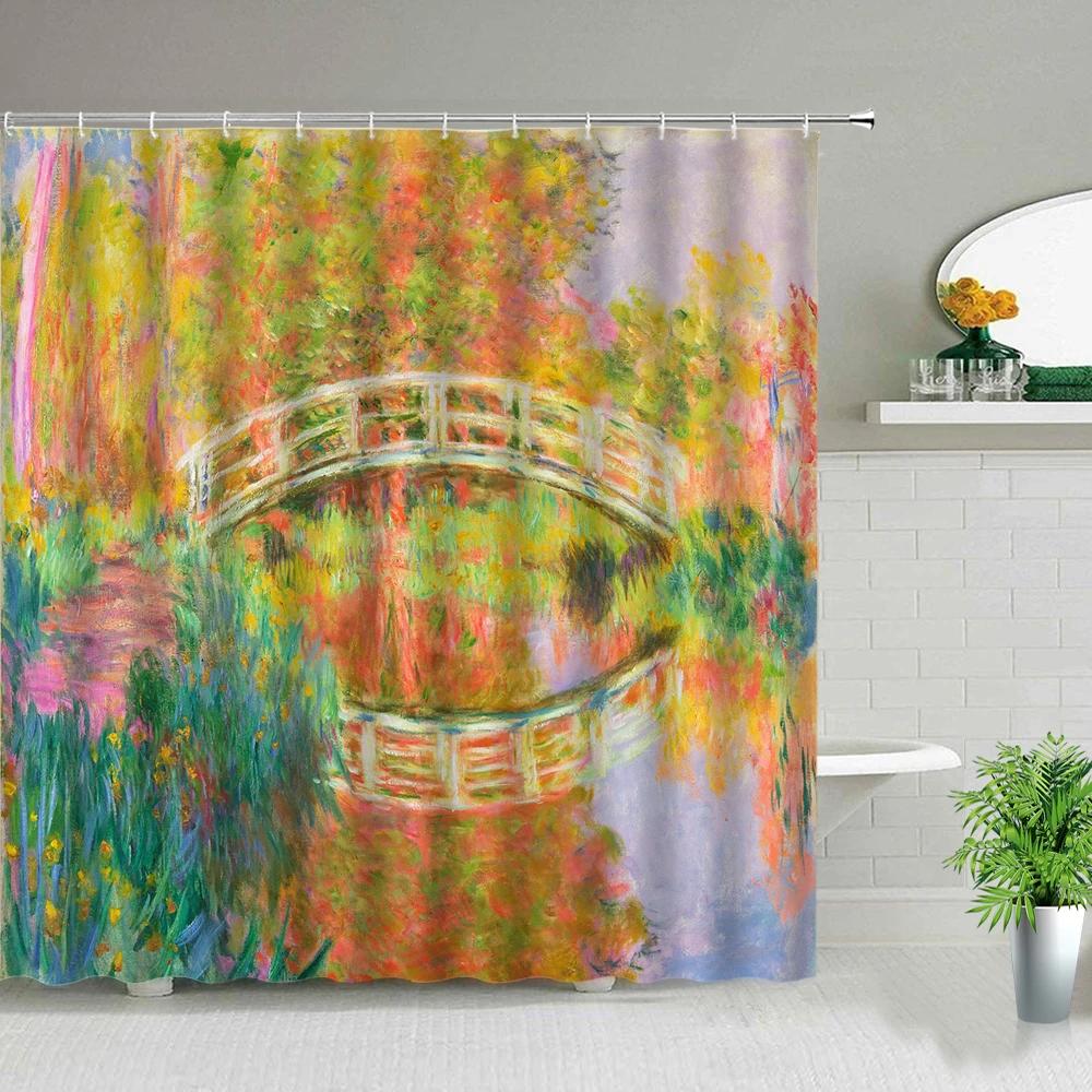 Flower And Dragonfly Scenery Shower Curtains Peacocks Sailboat Sunflower Ocean Oil Painting Landscape Waterproof Cloth Curtain