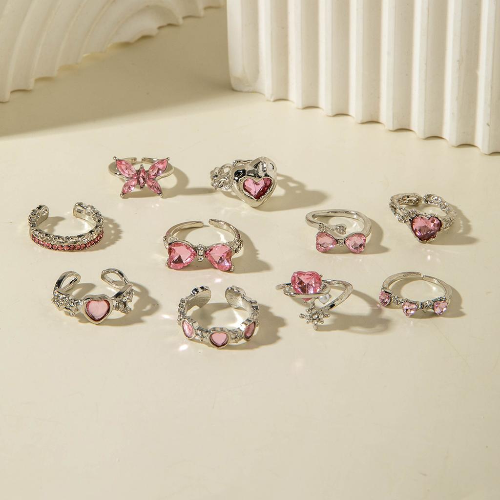 Sweet and cool pink diamond ring, love bow cold ring set.