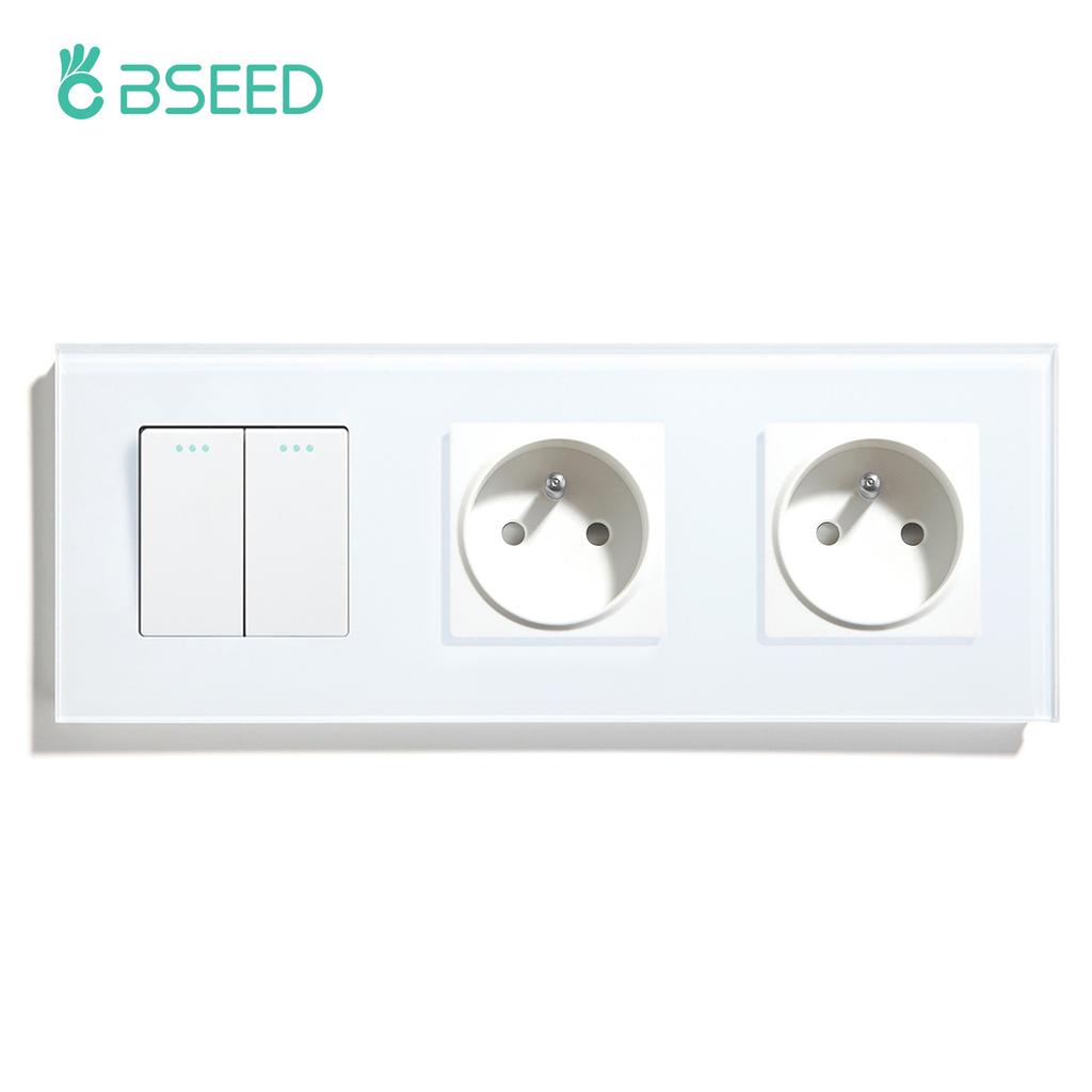 BSEED 1/2/3Gang Mechanical Wall Light Switch 1Way Plus French Socket USB Type-c Ports USB Power Sockets Glass Frame 16A