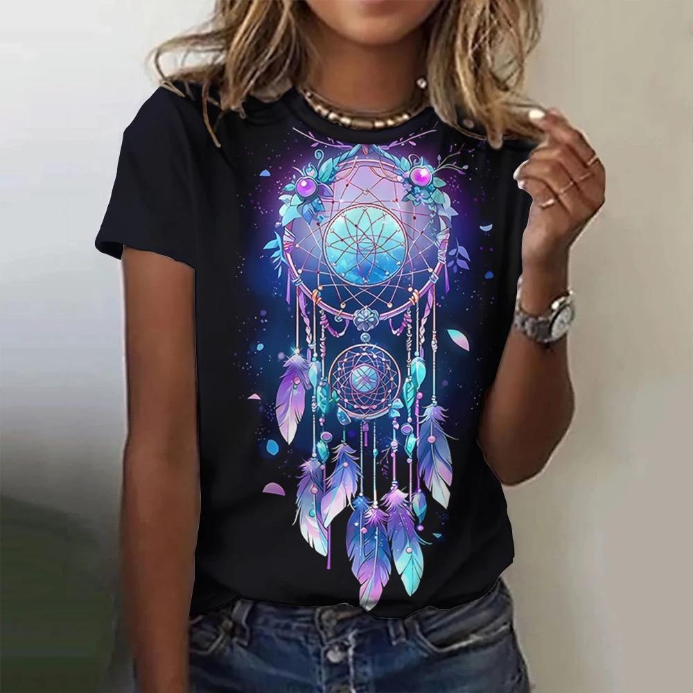 Summer Dreamcatcher 3D Print T-Shirt Women's Street Casual Retro Y2K Short Sleeve Crew Neck Top