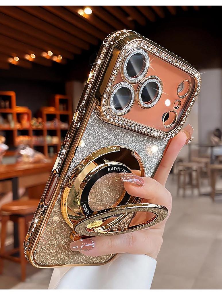 Rhinestone Glitter Magnetic Stand Case with Lens Film for iPhone 17 Pro Max, Drop-proof, Apple 16.