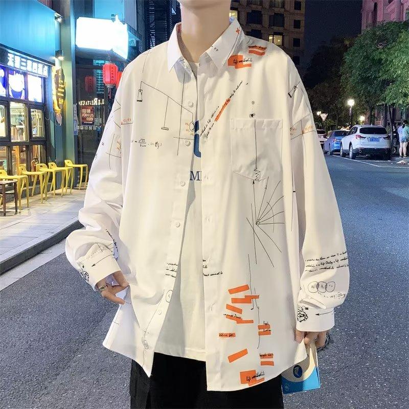 Hong Kong Style Long Sleeve Shirt Men's Trendy Japanese Style Slim-Fit Printed Shirt Spring and Autumn Fresh Korean Style Student Casual Shirt