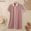 ZANZEA Women Splice Turn Down Collar Casual Short Sleeve Shirt Dress
