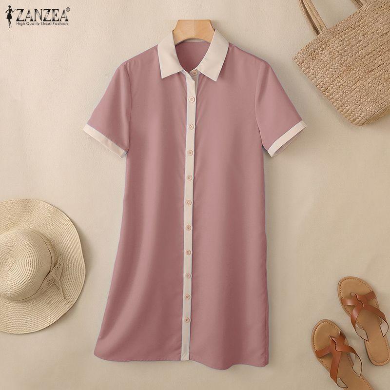 ZANZEA Women Splice Turn Down Collar Casual Short Sleeve Shirt Dress