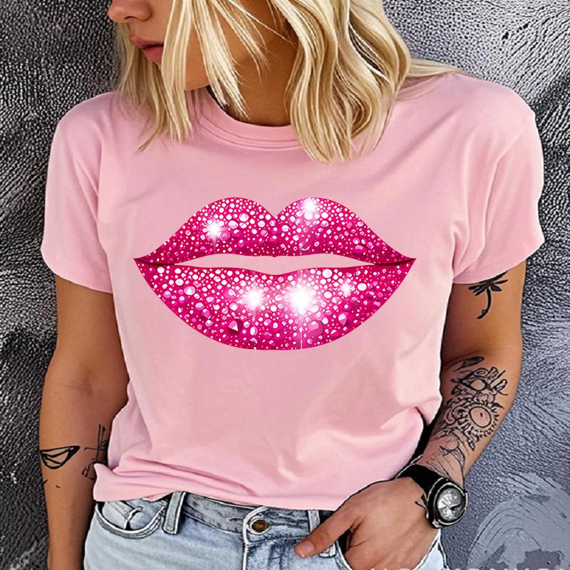 cotton 100% Premium T-shirt)Hot Pink Lips Funny Summer Women T-Shirt Harajuku Print Fashion Short Sleeve Summer Casual T-Shirt