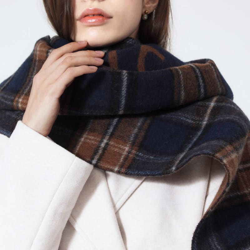 ONSZ Wool Cashmere Check and Logo Color Block Reversible Muffler