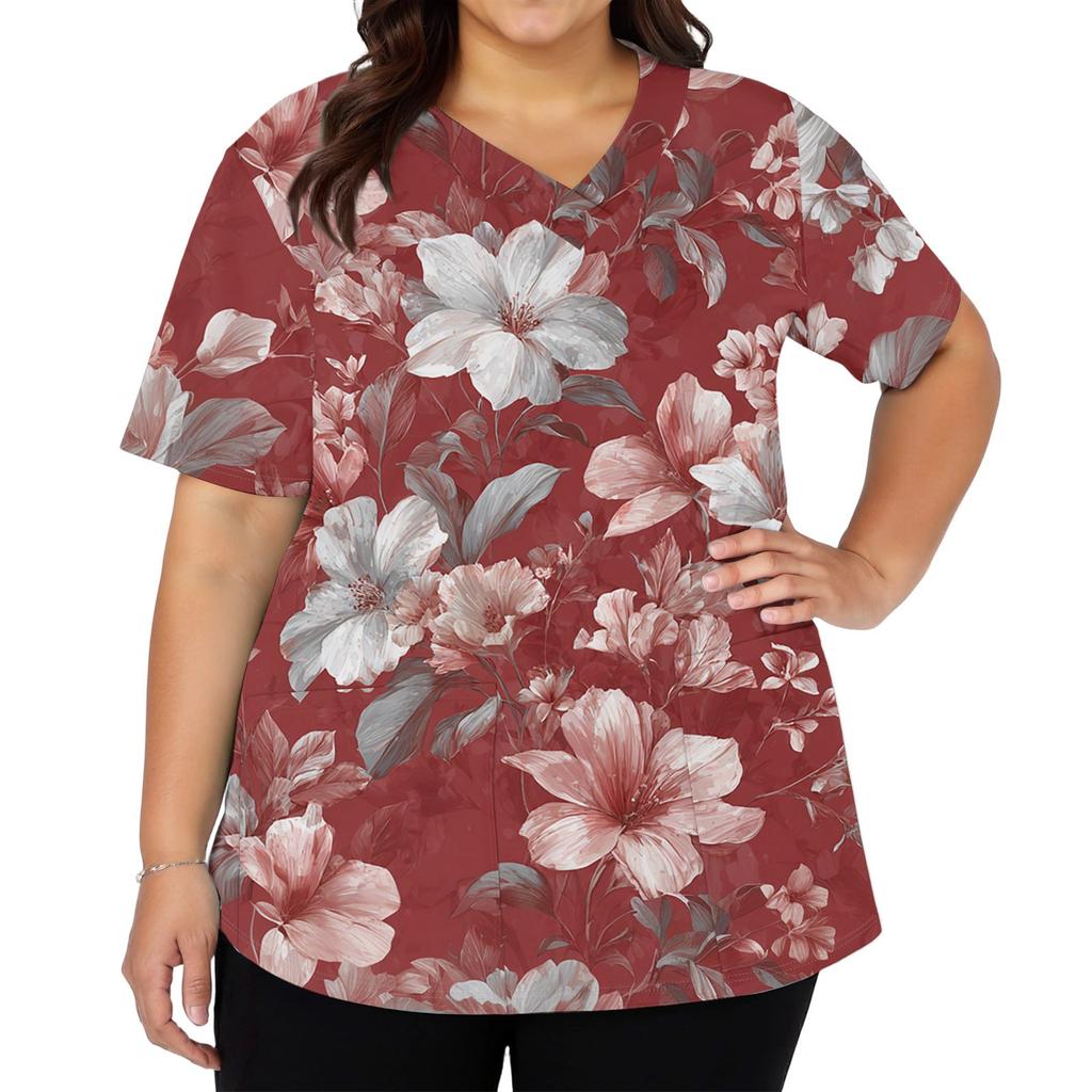 Modisches Damen-Arbeitsoberteil mit V-Ausschnitt und kurzen Ärmeln, mit doppelseitigen Schlitzen und Taschen, mit einem Retro-Blumendruck.