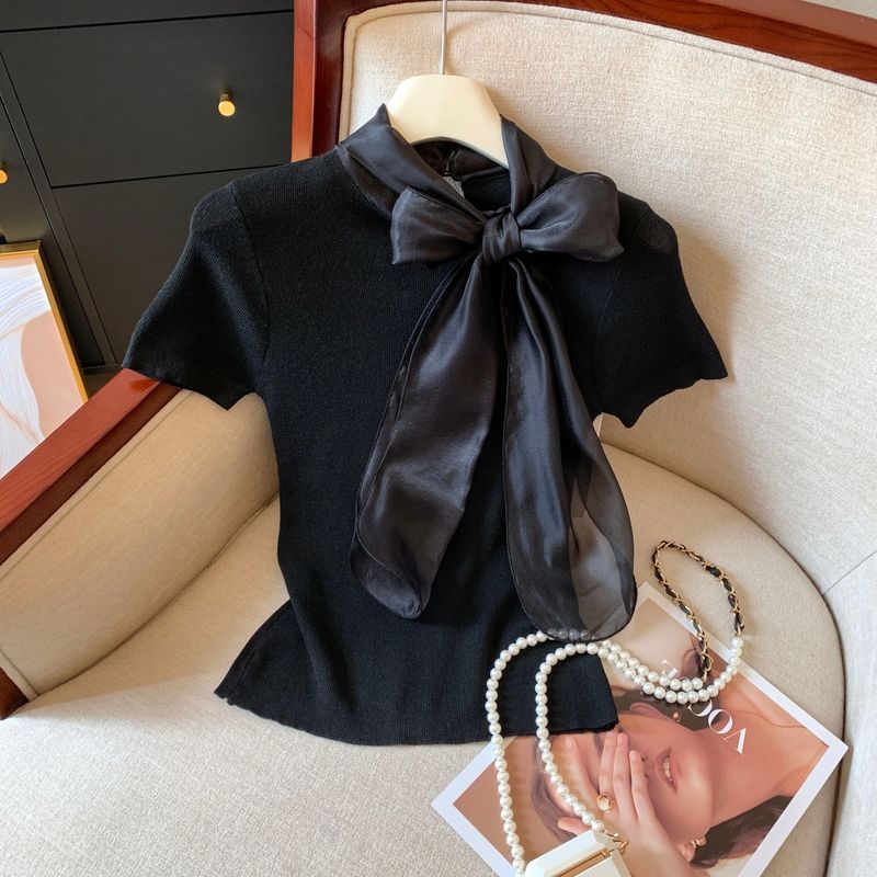 

Встречный вывод Отрежьте бирку Сладкий бант Лента Пуловер Вязаный Короткий рукав Женский Летний Новый Шикарный Молодящий Топ Pure black S