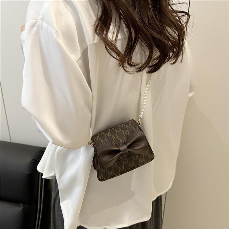 Solid Color Xiaoxiangfeng Children's Pearl Handbag Baby Cute Bow Chain Bag Diagonal Span Small Square Bag