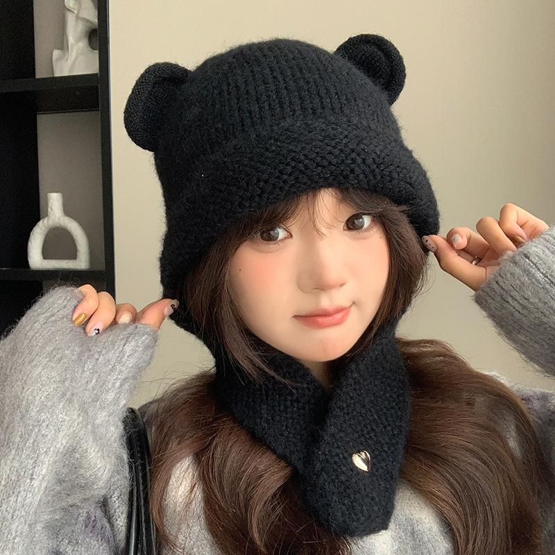 Cute Bear Ears Knitted Woolen Hat for Women in Autumn and Winter Versatile Face Showing Small Solid Color Hat Warm and Ear Protecting Lei Feng Hat
