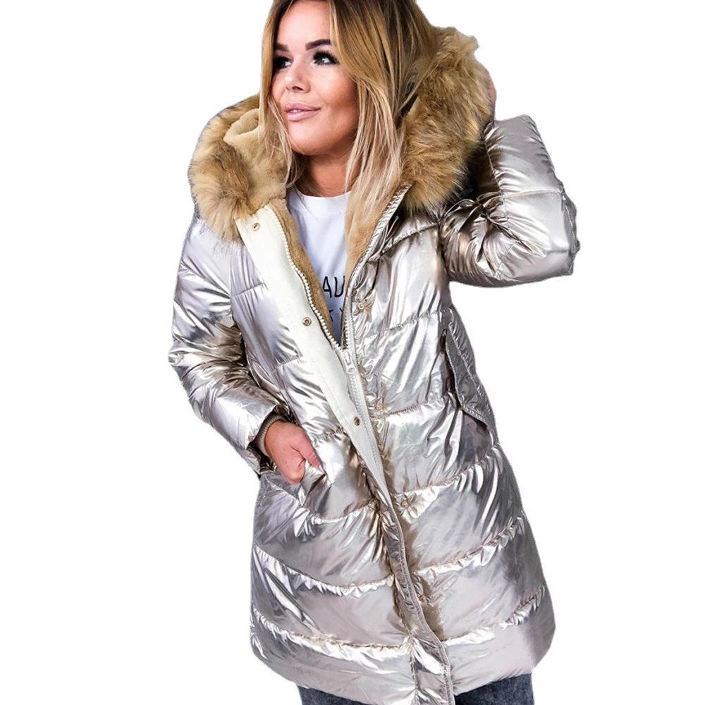 

Зимняя повседневная модная теплая женская одежда, однотонное блестящее пальто с воротником-молнией и хлопковой подкладкой XXXXL