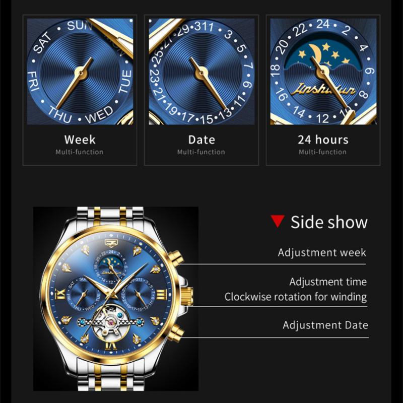 JINSHIDUN Novo Relógio Masculino de Negócios e Lazer Relógio Mecânico Multifuncional de Negócios Luminoso Tourbillon Relógio Masculino de Alta Qualidade