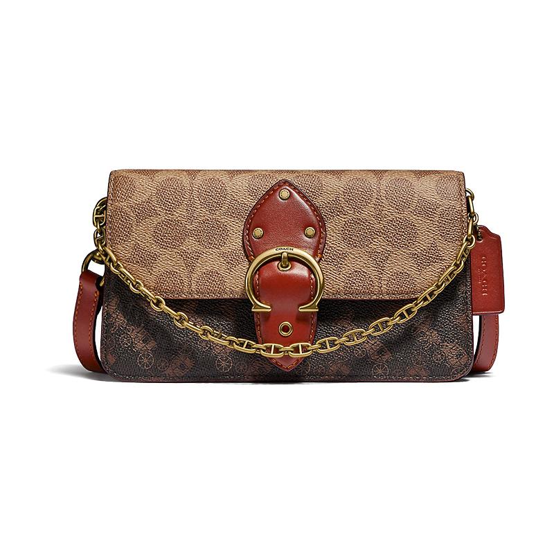 

COACH Beat 21 Presbyopia and carriage print, coated canvas and leather, chain bag, hand-held crossbody shoulder bag, women s tan коричневий