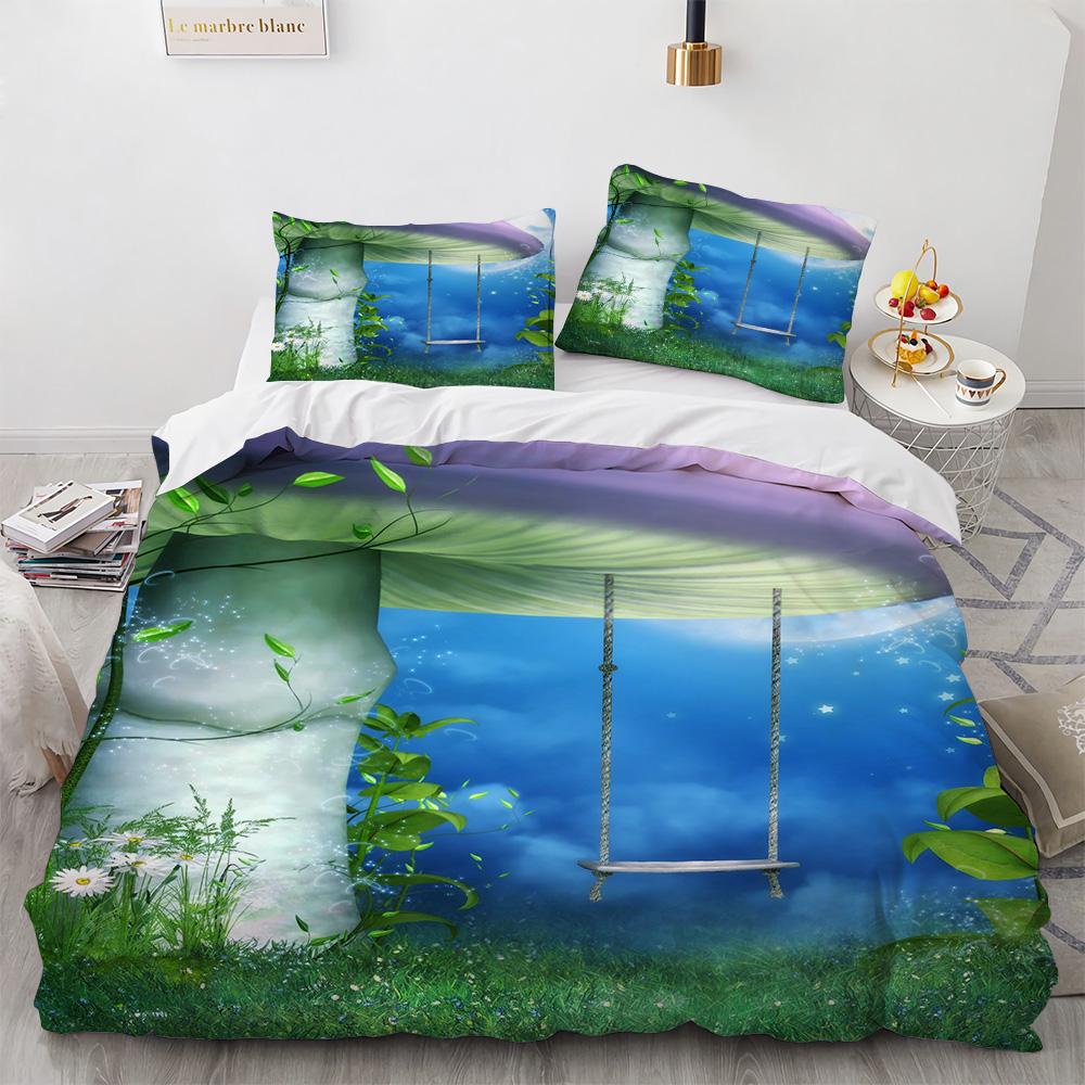 Niedliches Pilzmuster Polyester Bettwäscheset Magisches Pilzhaus King Queen Full Size Bettbezugset Erwachsene Kinder Bettdeckenbezug