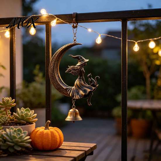 Prezent na Halloween dla kobiet, Dzwonek wietrzny z motywem wiedźmy i czarnego kota na księżycu, Vintage dekoracja tarasu na półksiężycu, Wiszący dzwonek, Gotycka ozdoba na ganek, podwórko, drzwi,