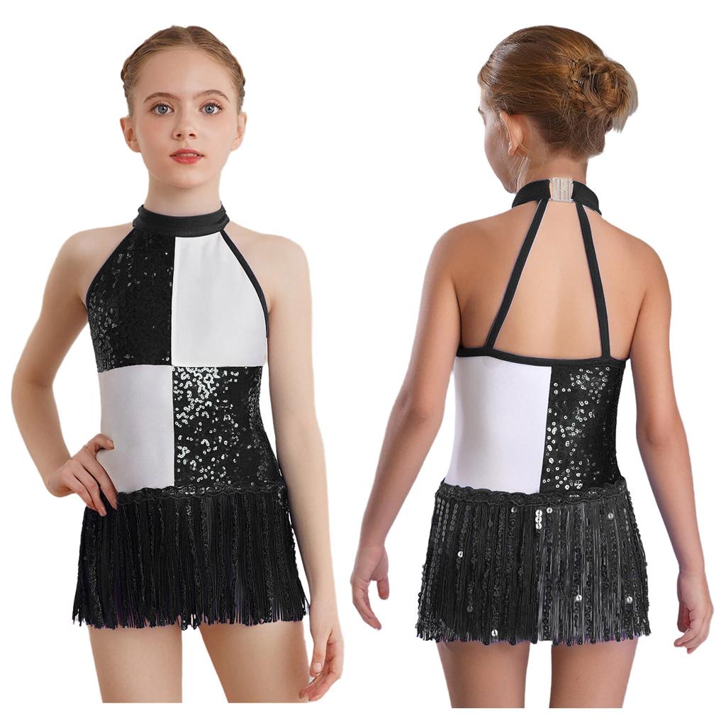 Girls Sequins Modern Jazz Latin Samba Stage Costume Halter Tank Leotard Tassel Dress School Ballroom Dancewear