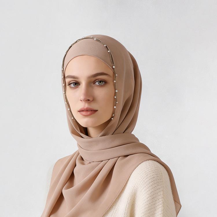 Pearl Edge Chiffon Hijab Scarf Women Muslim Long Shawl Soft Plain Head Wrap Beaded Border Lightweight Islamic Turban