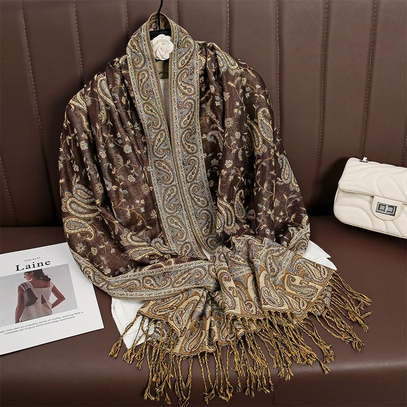 Luxury Tassel Blanket Design Thick Jacquard Pashmina Hijab Winter Warm Shawl Wrap Cashmere Scarf Women Neckerchief Poncho Stoles