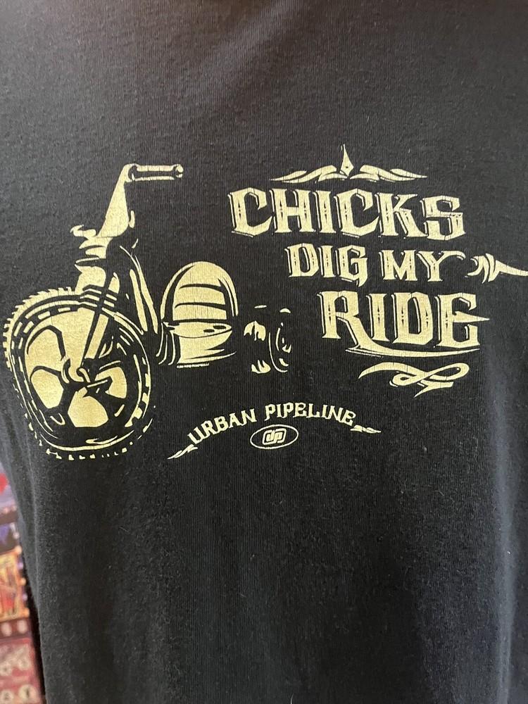 URBAN PIPELINE CHICKS DIG MY RIDE Big Wheel, Large Black T-Shirt, Vintage Unisex T-Shirt XL
