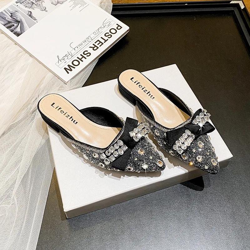 2026 New Women Summary Shoes Slipper Girl Sweet Crystal Bowknot Bling Casual Sandals Heels Mules Shoes