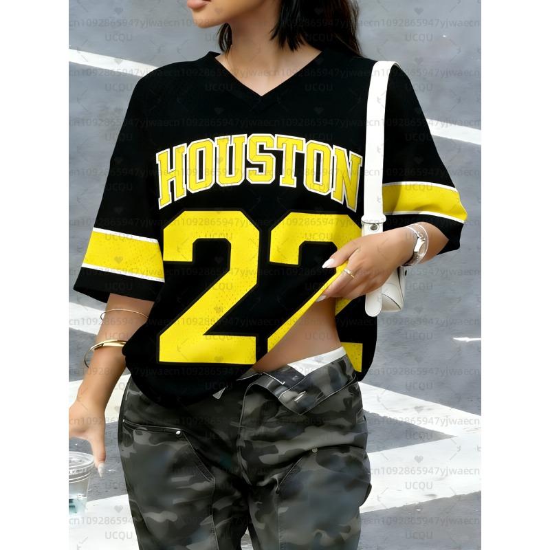 Women's NO.22 Houston Print V-Neck Short Sleeve T-Shirt Summer Graphic Tee Hole Mesh Jerseys Plus Size Sport T-Shirt