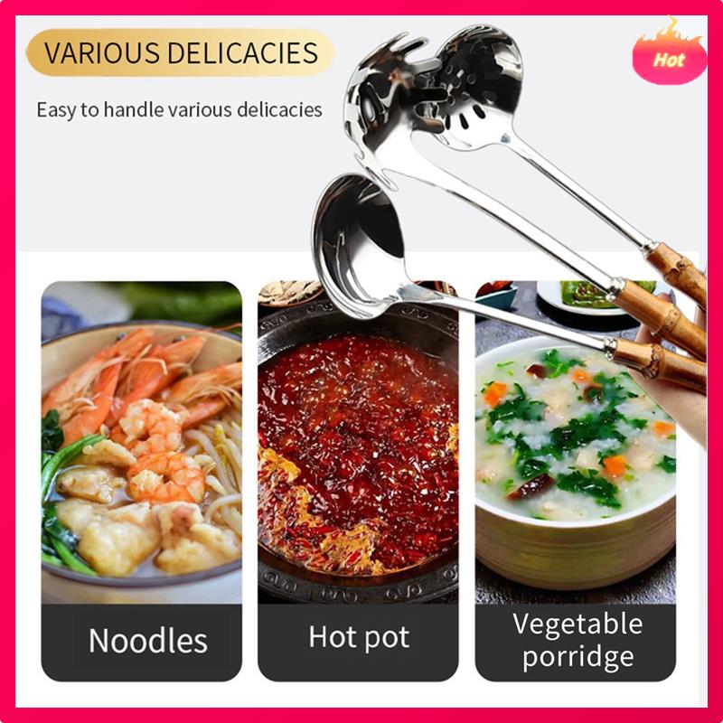 5Piece Serving Spoons Stainless Steel Soup Ladle & Slotted Spoon Set With Natural Bamboo Handle For Hotpot Cooking Ladle