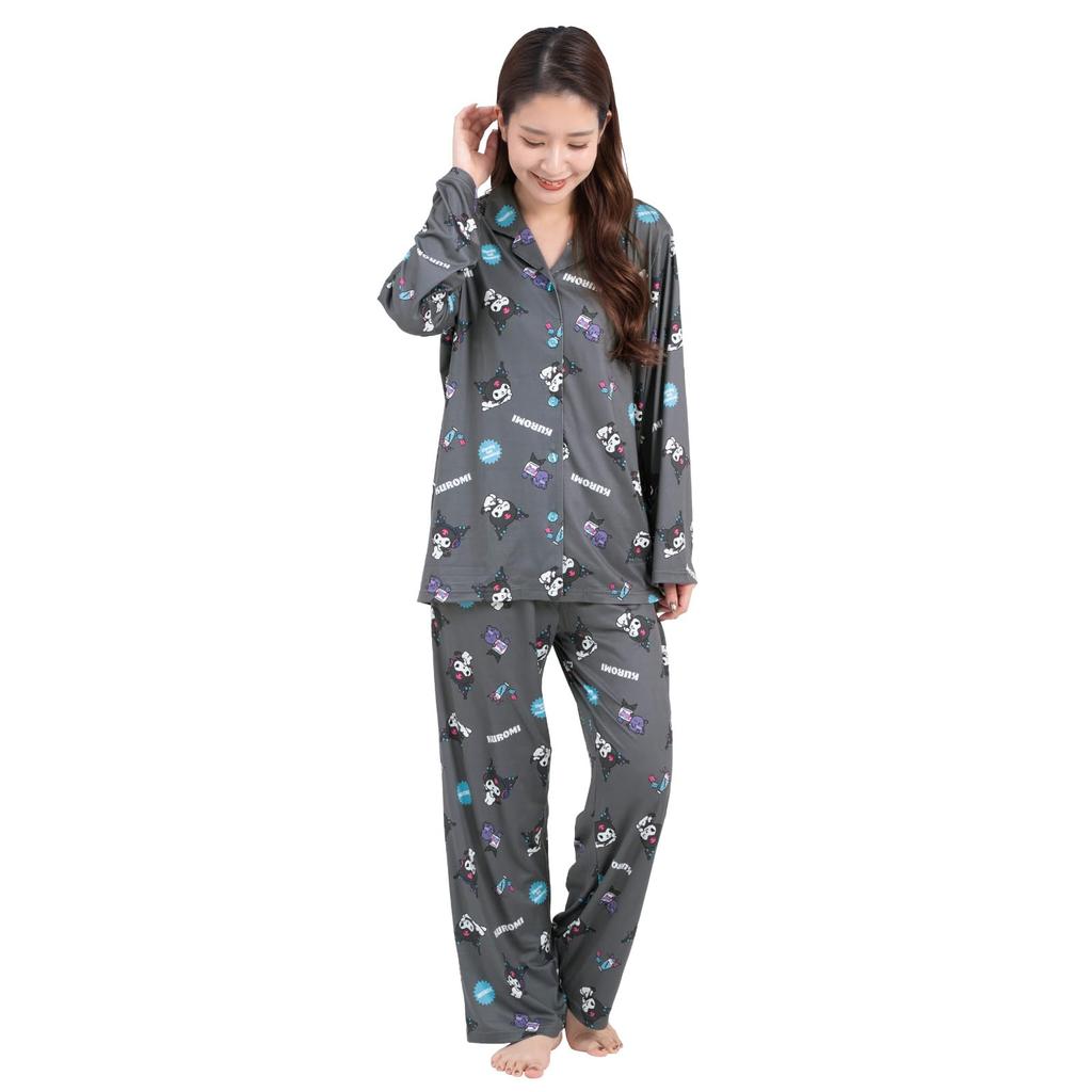 Kuromi Shirt Powder Long Long Top and Bottom Room MUSIC Kuromi [SAZAC] Pajamas, Stretch, Women's, Sleeves, Pants, Set, Wear, Loungewear,