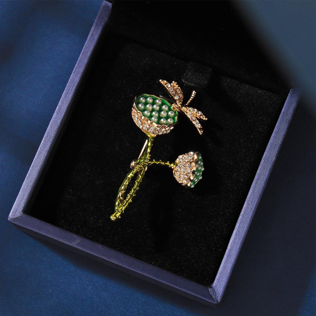 Green Rhinestone Dragonfly Lotus Pod Brooch Temperament Personalized Brooch High-End Fashion Autumn And Winter Coat Coat