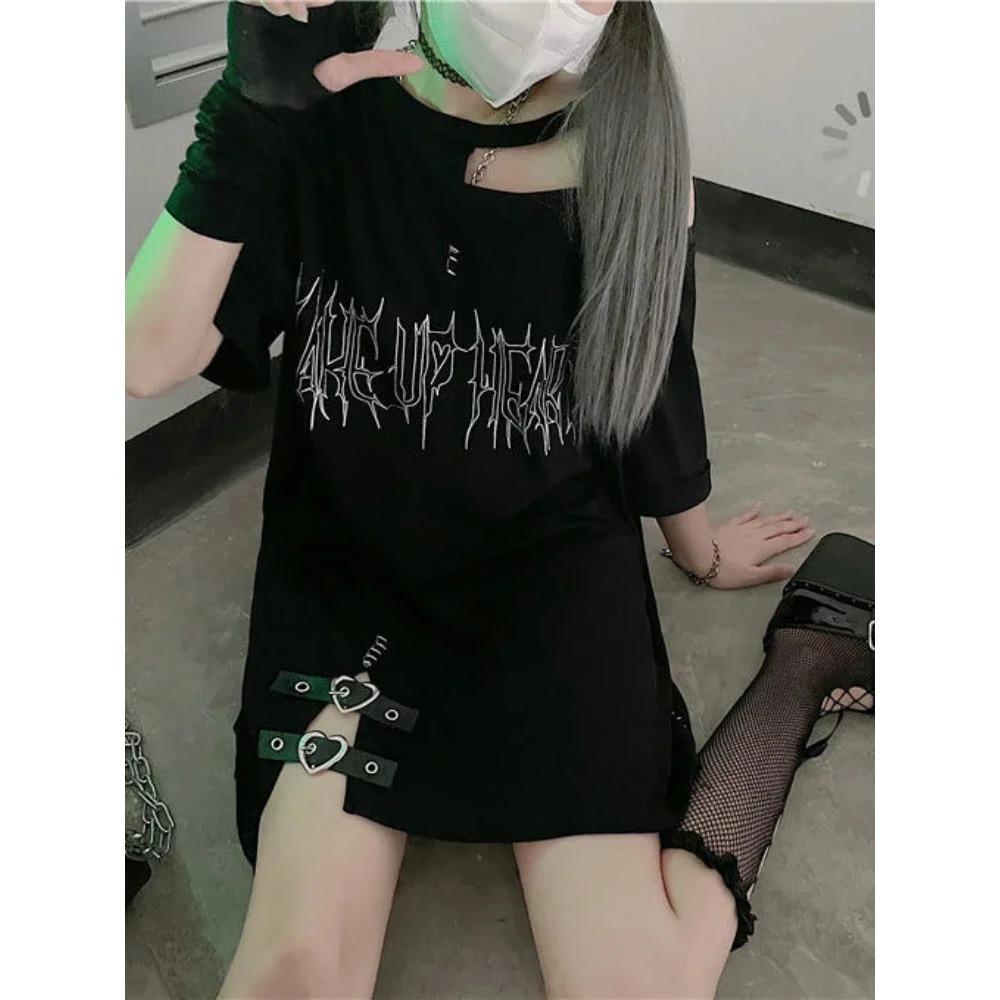 Girl Letter Print Off Shoulder Punk T-shirts Women Casual Street Black Gothic T Shirt Harajuku Streetwear Aesthetic
