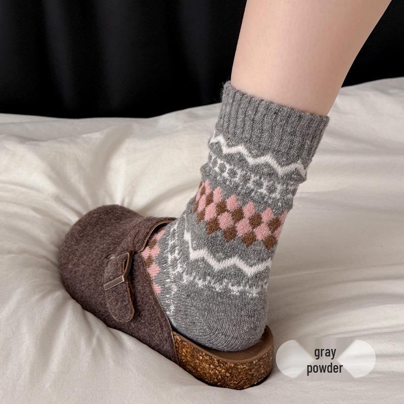 Damen Vintage Fair Isle Wollsocken, Verdickt Warm Wadenlang, Herbst Winter, Kaffeefarben, Kniehoch.