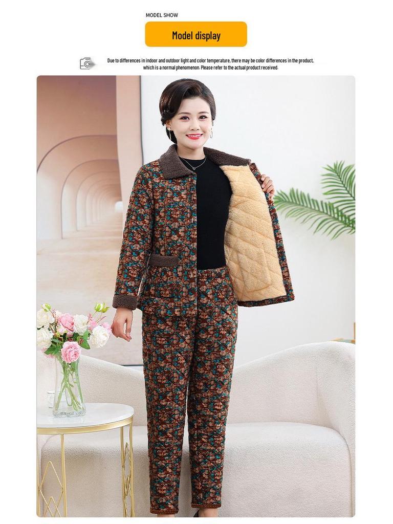 Hengyuanxiang Women's Winter Pajama Set: Cotton Padded Jacket & Pants with Velvet Lining for Middle-Aged and Elderly