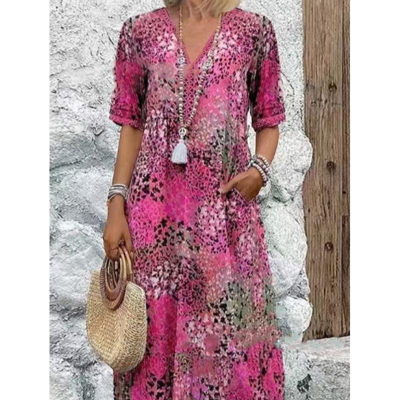 Women's Fashion Print with Lace V-neck Short-sleeved Dress