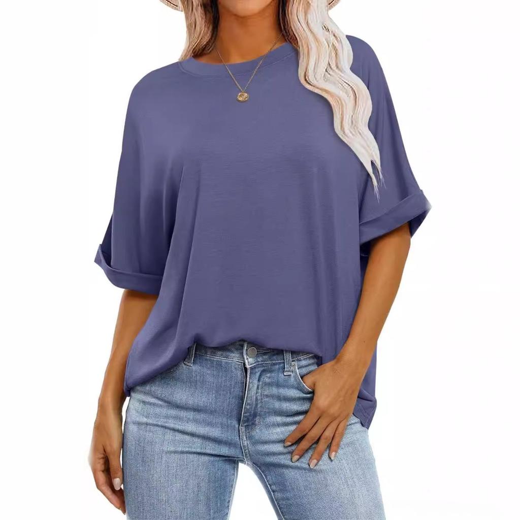 Women's Crew Neck Short Sleeve Loose Fit Tunic Top Solid Color Casual Tee Blouse