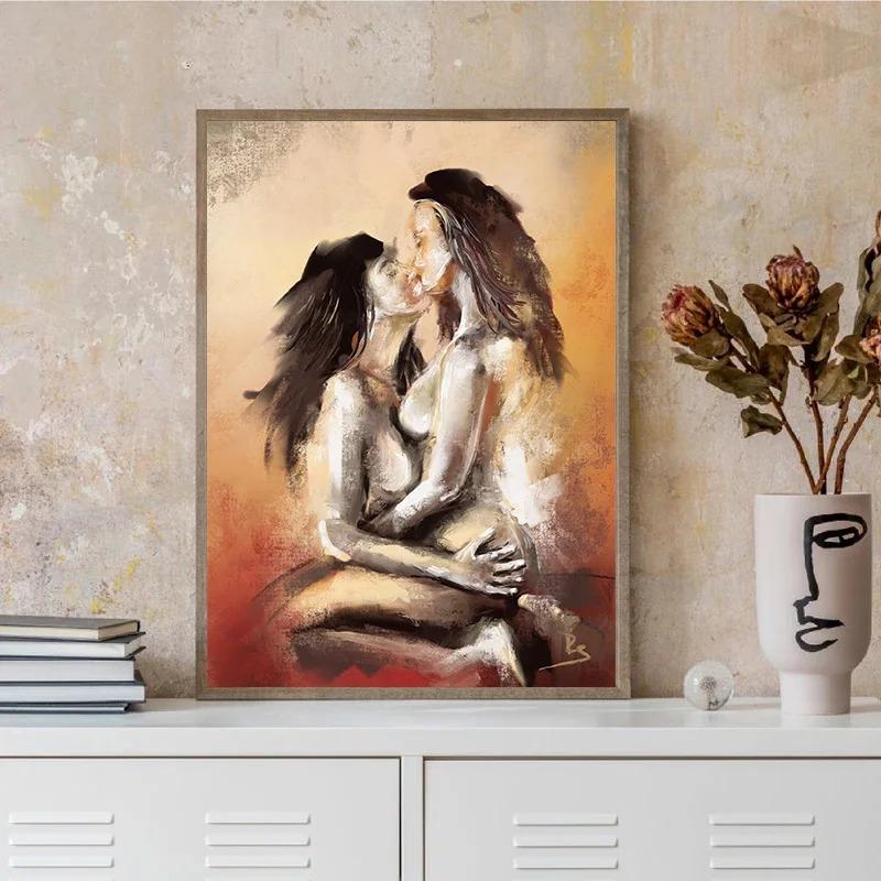 Abstract Couple Kiss Hug Erotic Nude Lovers Embracing Fantasy Sexual Poster Wall Art Pictures Canvas Painting Room Home Decor