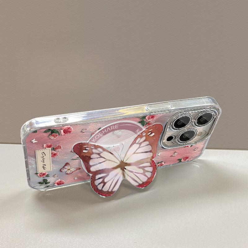Rose Butterfly Magnetic Snap Bracket Applicable To Apple 16pro Mobile Case 15 Full-inclusive Lens Film 14 Anti-fall 13 Feather Yarn