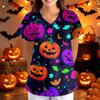 Women V Neck Loose Fit Printed Short Sleeve Top with Pockets Halloween Themed Bat and Cloud Pattern Comfortable Scrub Shirt
